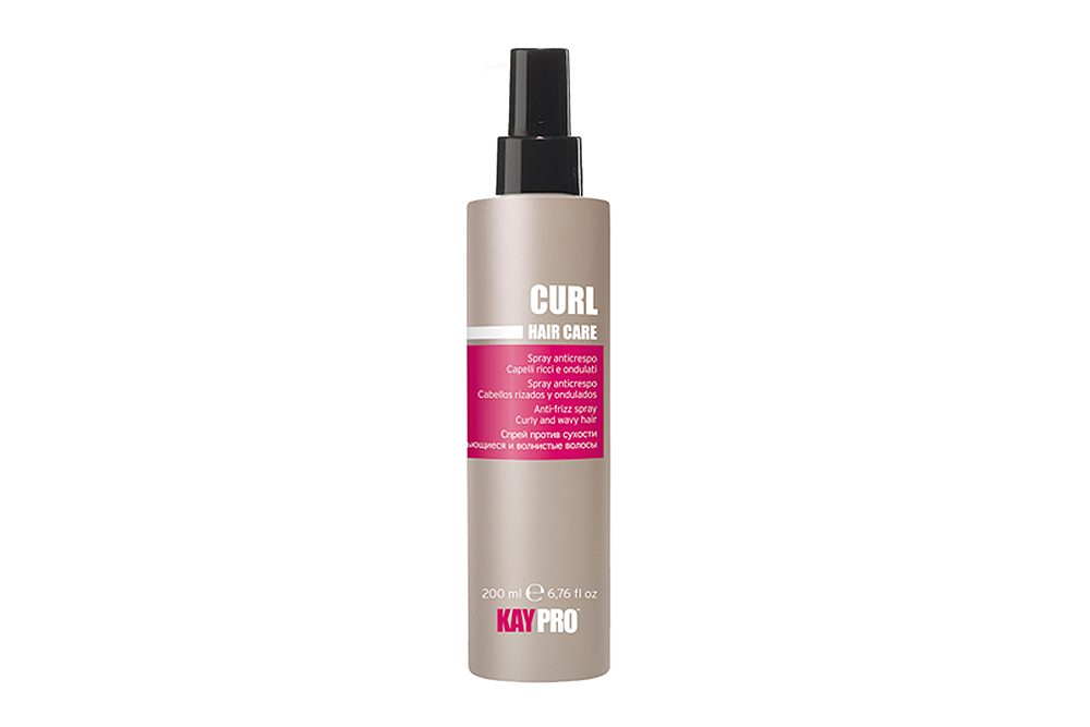 Frasco spray para cuidado de cabelo com texto Curl Hair Care Kay Pro