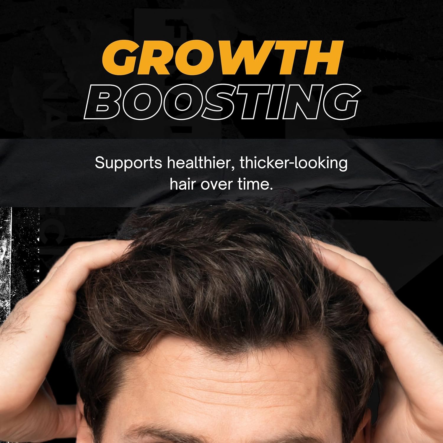 Texto sobre crescimento de cabelo e cabeça de homem com cabelo castanho escuro