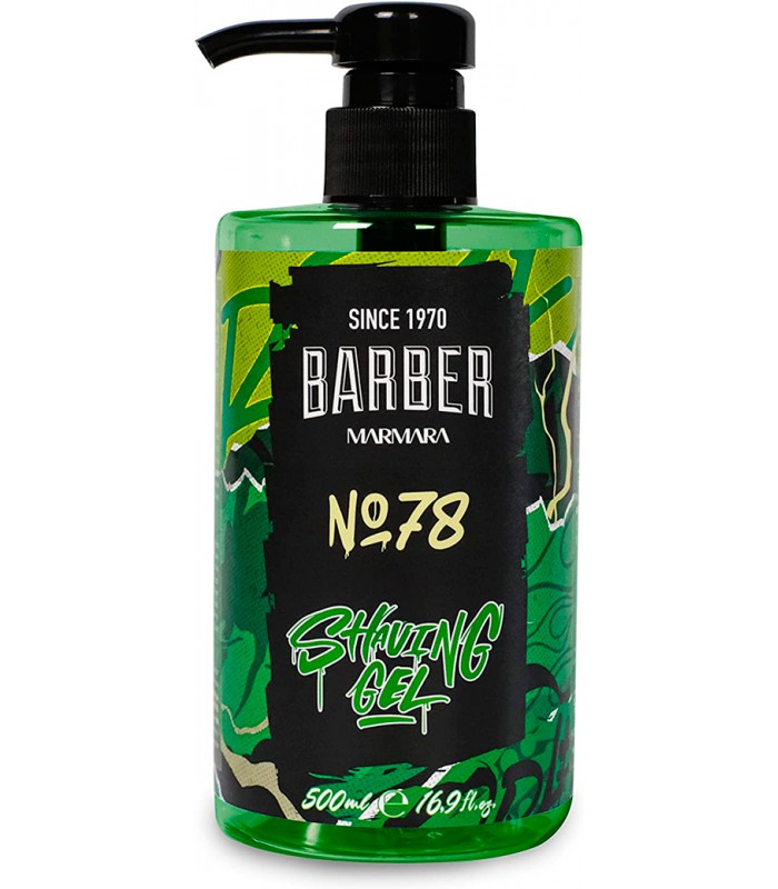 Frasco verde de gel de barbear com tampa preta e rótulo preto com texto