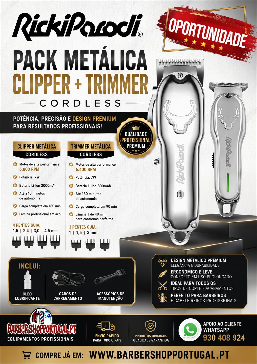Pack metálico aparador e trimmer RickiParodi cordless com acessórios e detalhes técnicos em fundo branco e preto.