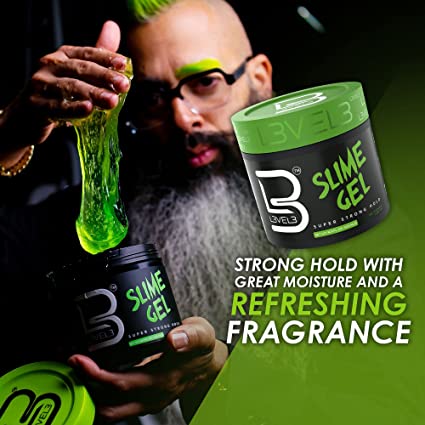 Gel de cabelo verde SLIME GEL BVEL3 em embalagem preta e verde com homem segurando o gel.
