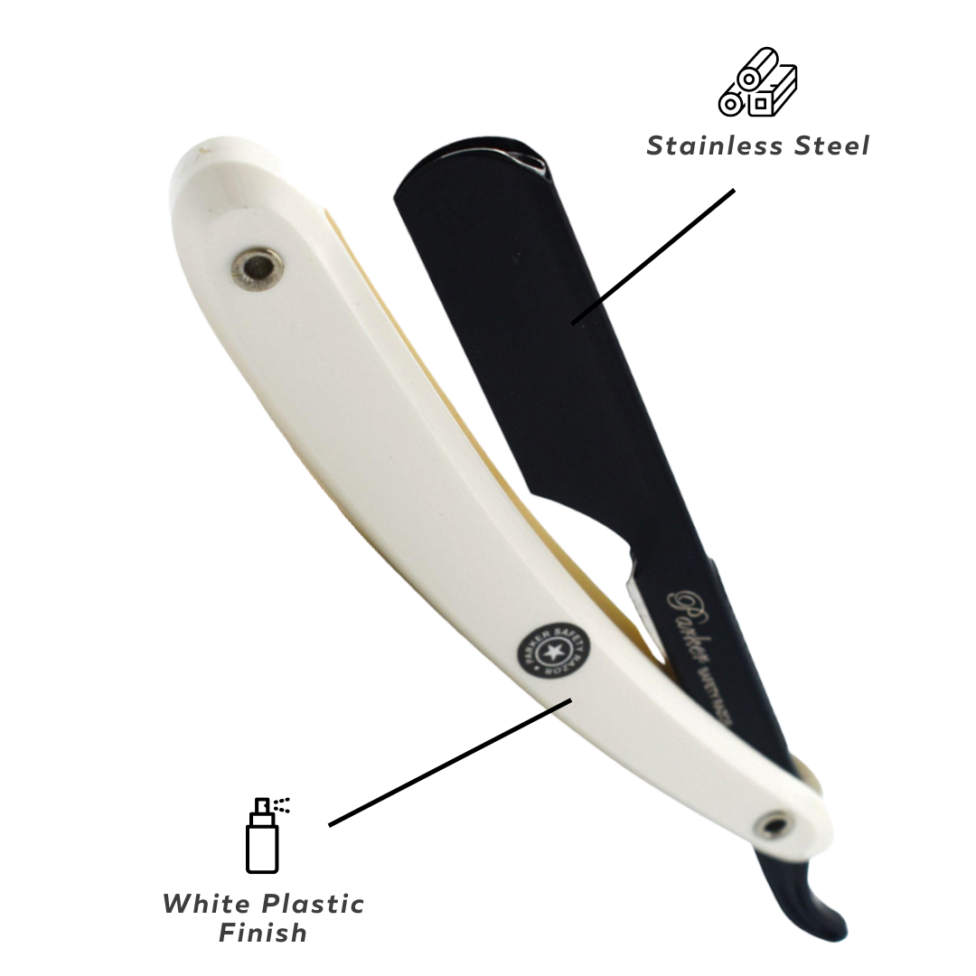 Navalha de barbear com cabo branco e lâmina preta