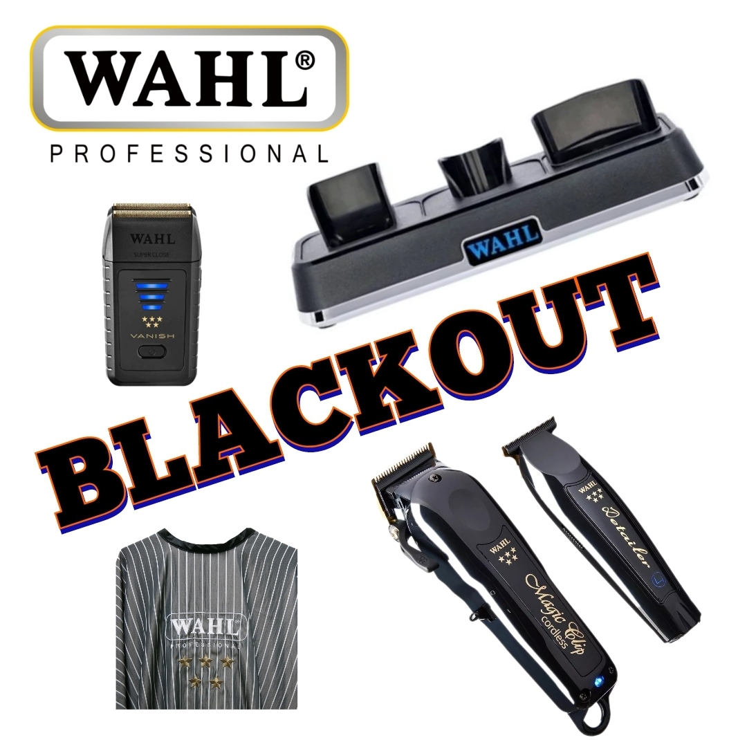 Produtos WAHL PROFESSIONAL com máquina de barbear, base de carregamento, capas e texto BLACKOUT