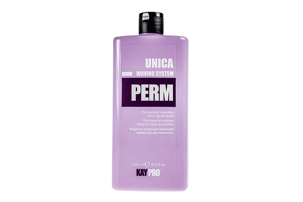 Frasco de produto para cabelo roxo com tampa preta e texto branco e preto