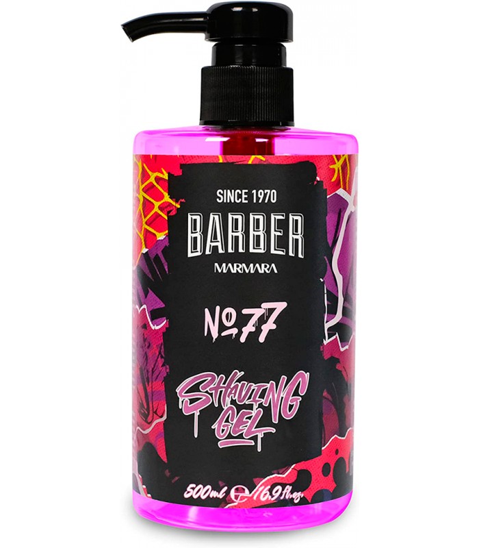 Frasco de gel de barbear rosa com tampa bomba e rótulo preto colorido