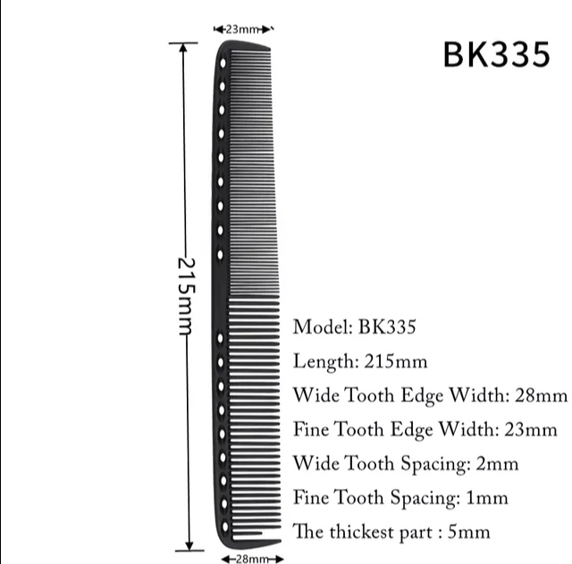 Pente preto com medidas e especificações técnicas em fundo branco