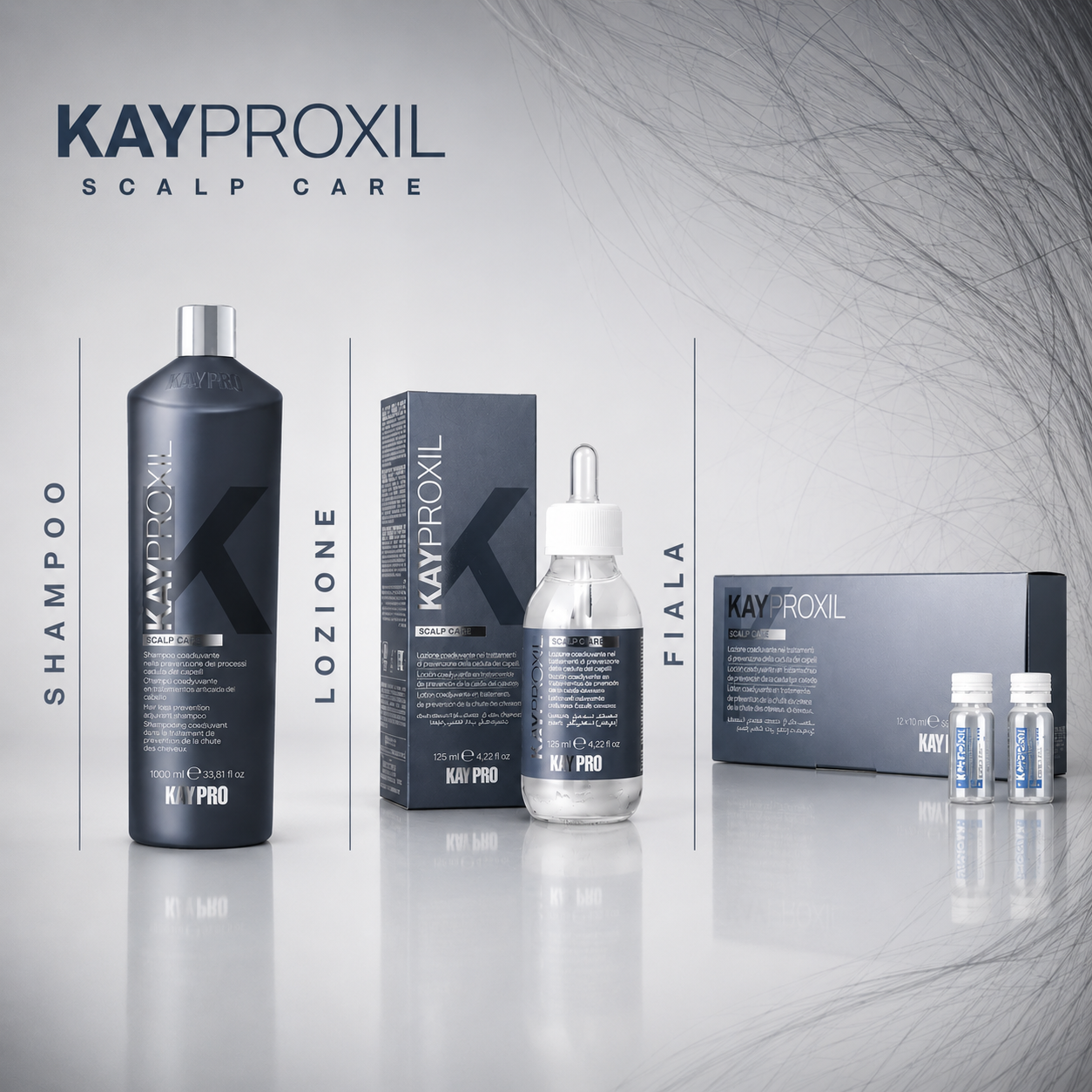 Produtos KayProxil Scalp Care para cuidados do couro cabeludo, incluindo shampoo, loção e ampolas em embalagem preta e vidro transparente