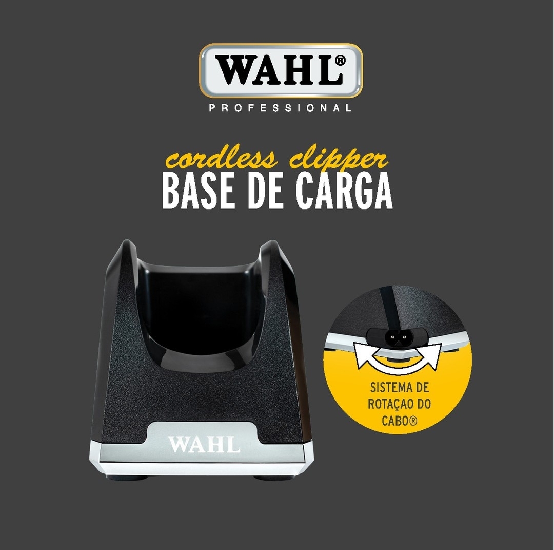 Base de carga preta para cortador sem fios WAHL Professional com indicação do sistema de rotação do cabo