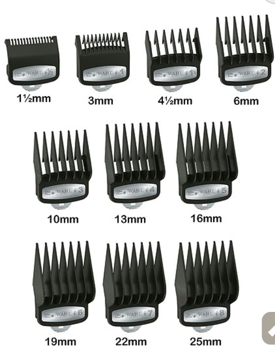 Conjunto de pentes pretos para máquina de cabelo com tamanhos variados