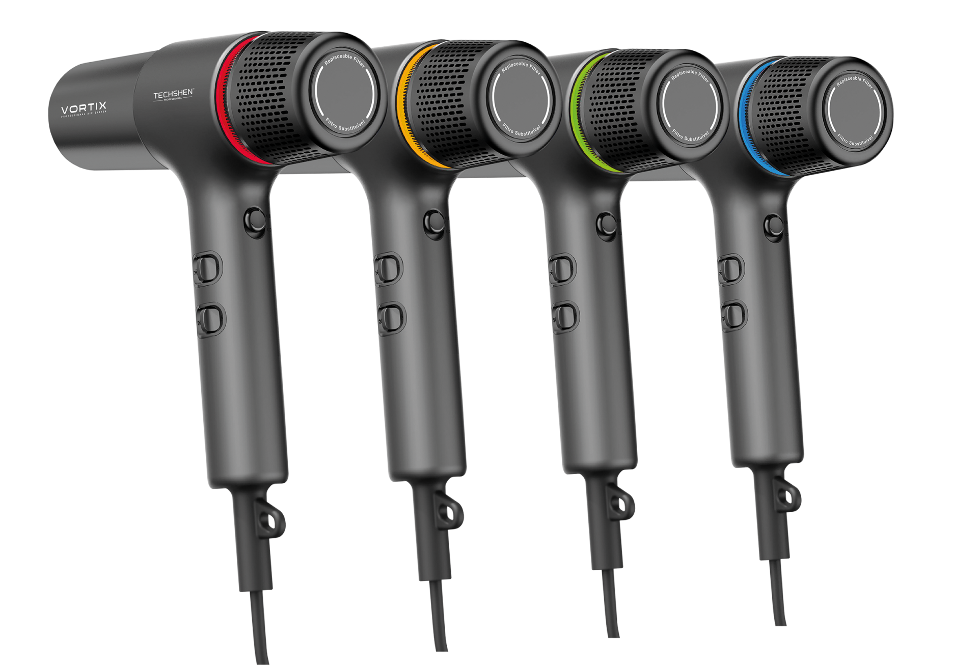 Secadores de cabelo pretos com filtros substituíveis coloridos e texto VORTIX TECHSHEN PROFESSIONAL AIR SYSTEM