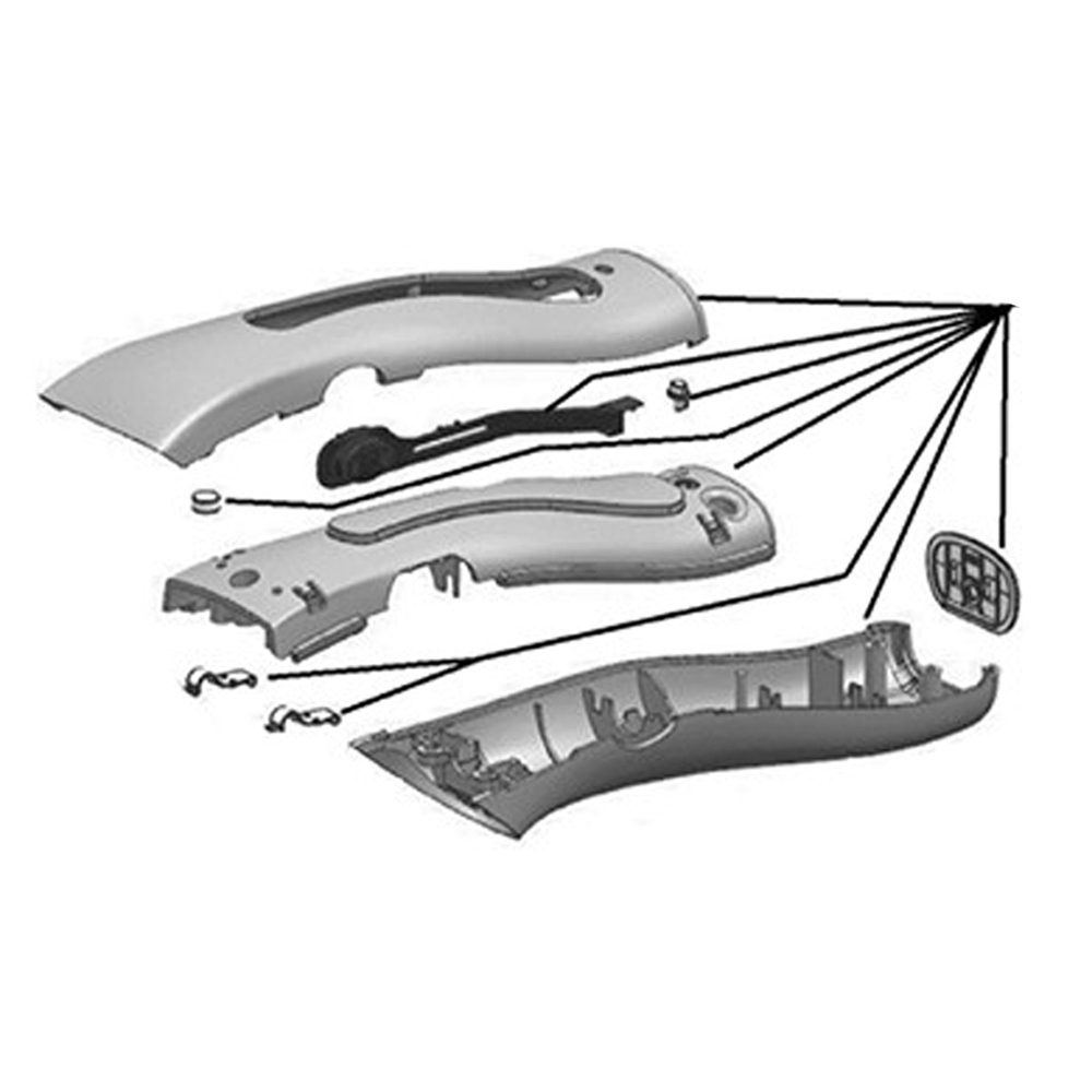 Peças plásticas cinzentas e parafusos de montagem separados sobre fundo branco