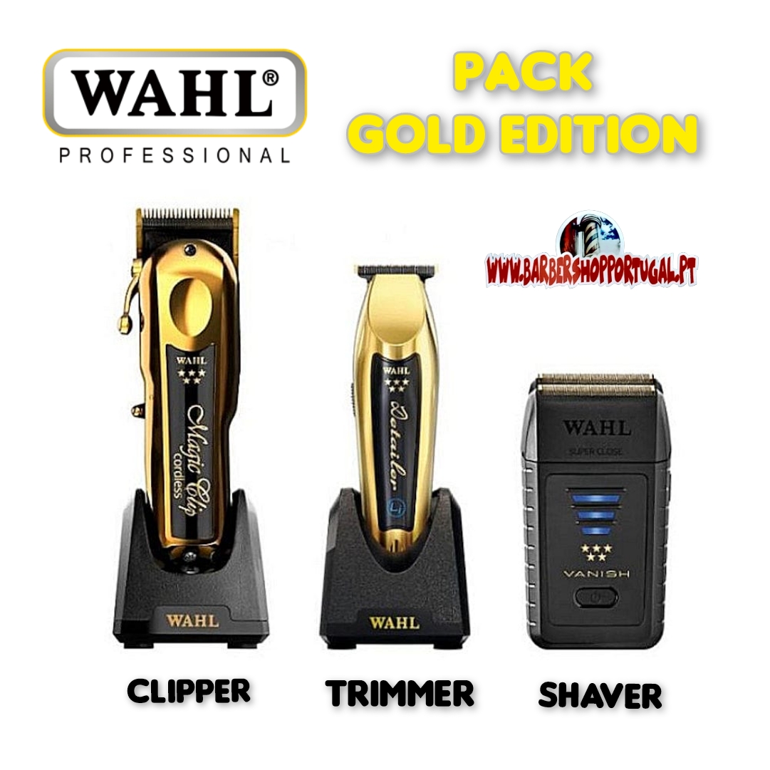 Três aparelhos WAHL Gold Edition para corte e barbear, clipper, trimmer e shaver