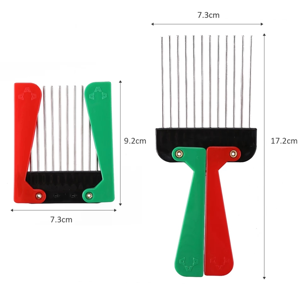Dois pentes de metal antiderrapante para cebola com pegas vermelhas e verdes, um fechado e outro aberto com oito pinos metálicos.