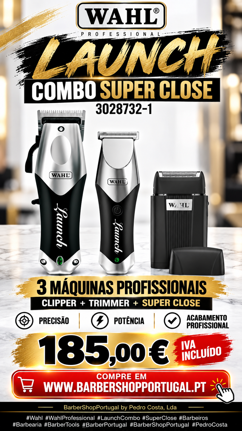 Promoção de três máquinas WAHL profissionais para barbear com texto promocional em preto, dourado e vermelho.