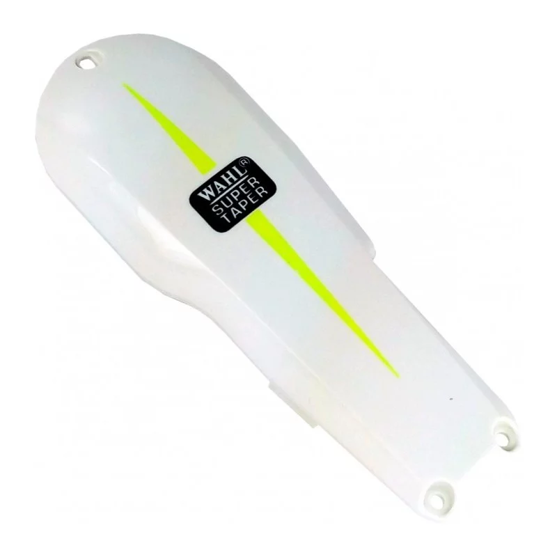 Capa plástica branca para máquina de cortar cabelo com detalhes em amarelo e texto WAHL SUPER TAPER