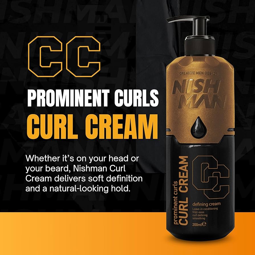 Creme para caracóis NISHMAN Prominent Curls Curl Cream, embalagem preta e castanha com dispensador