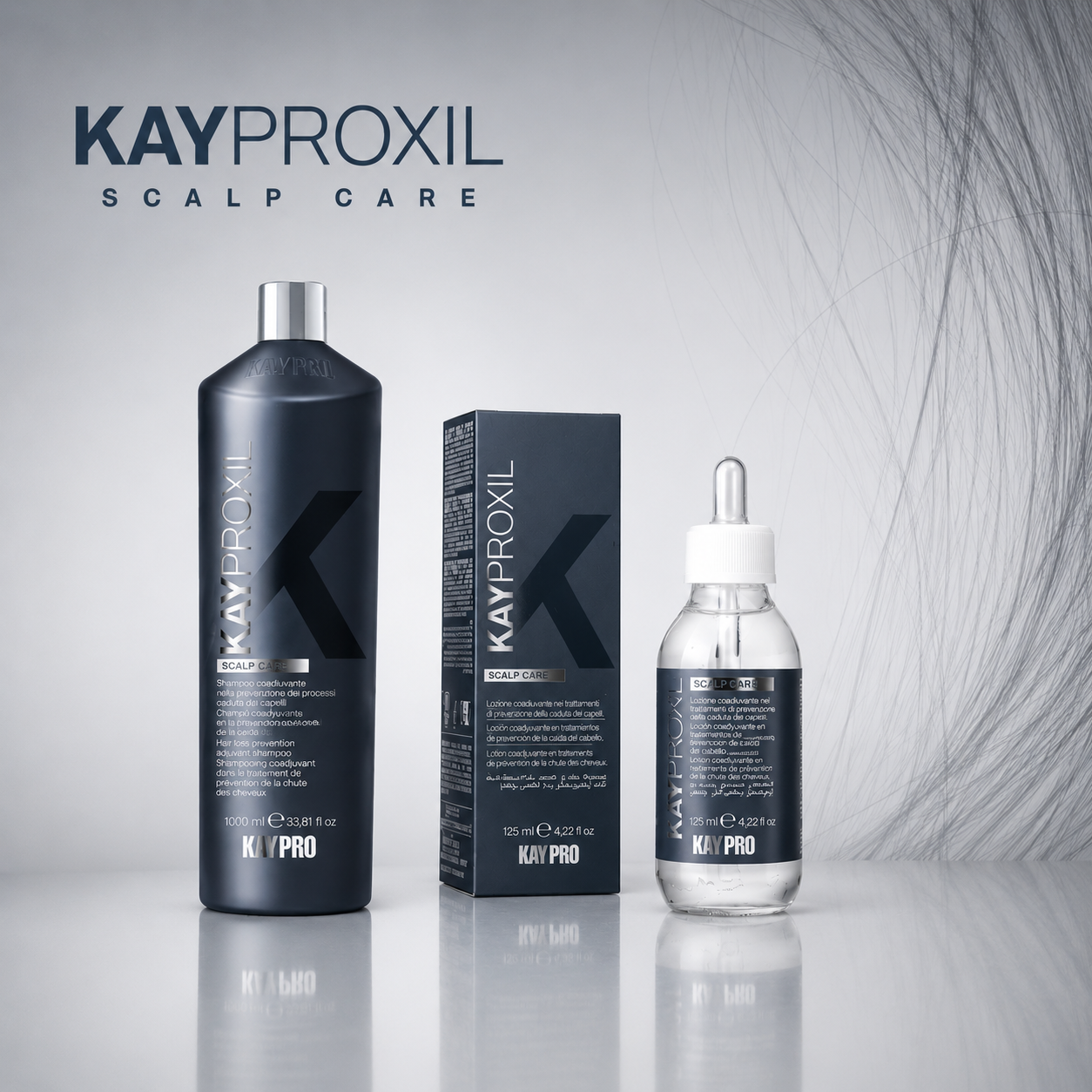Produtos KAYPROXIL Scalp Care para cuidado do couro cabeludo em frascos preto e transparente