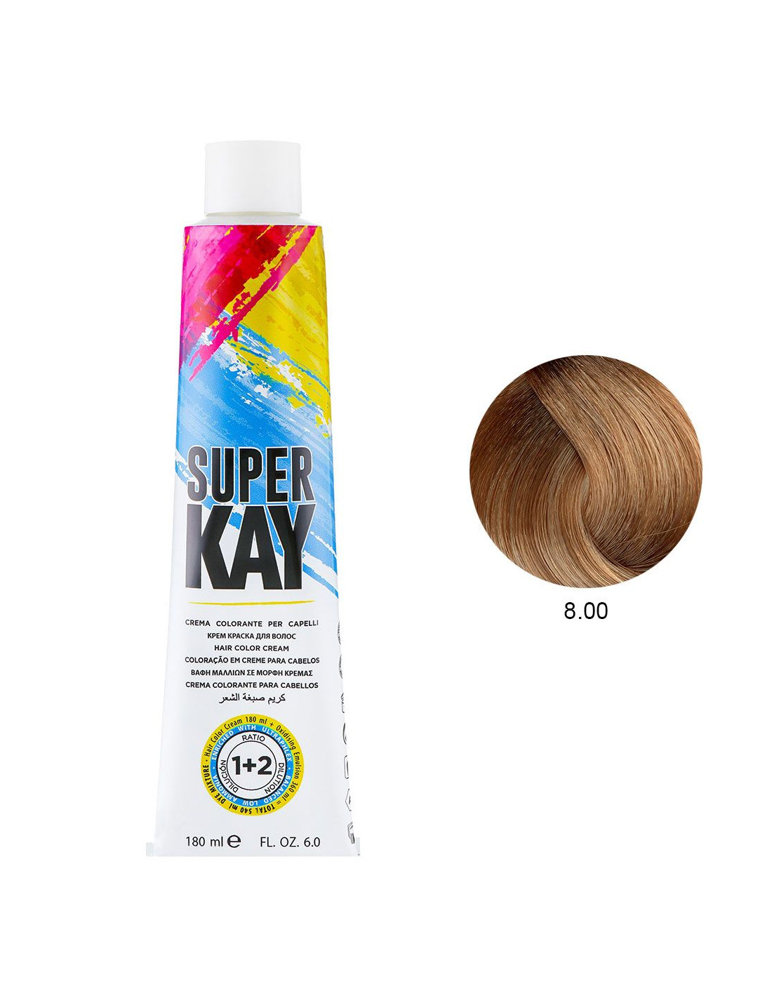 Frasco branco de creme colorante para cabelo SUPER KAY com padrão colorido e amostra de cor castanho claro 8.00