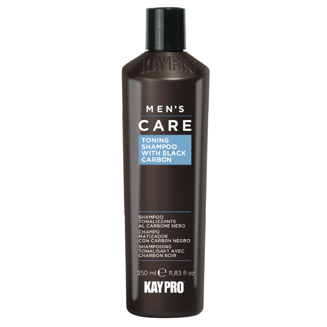 Frasco preto de champô tonificante Kaypro para homem com tampa preta e etiquetas em azul e branco