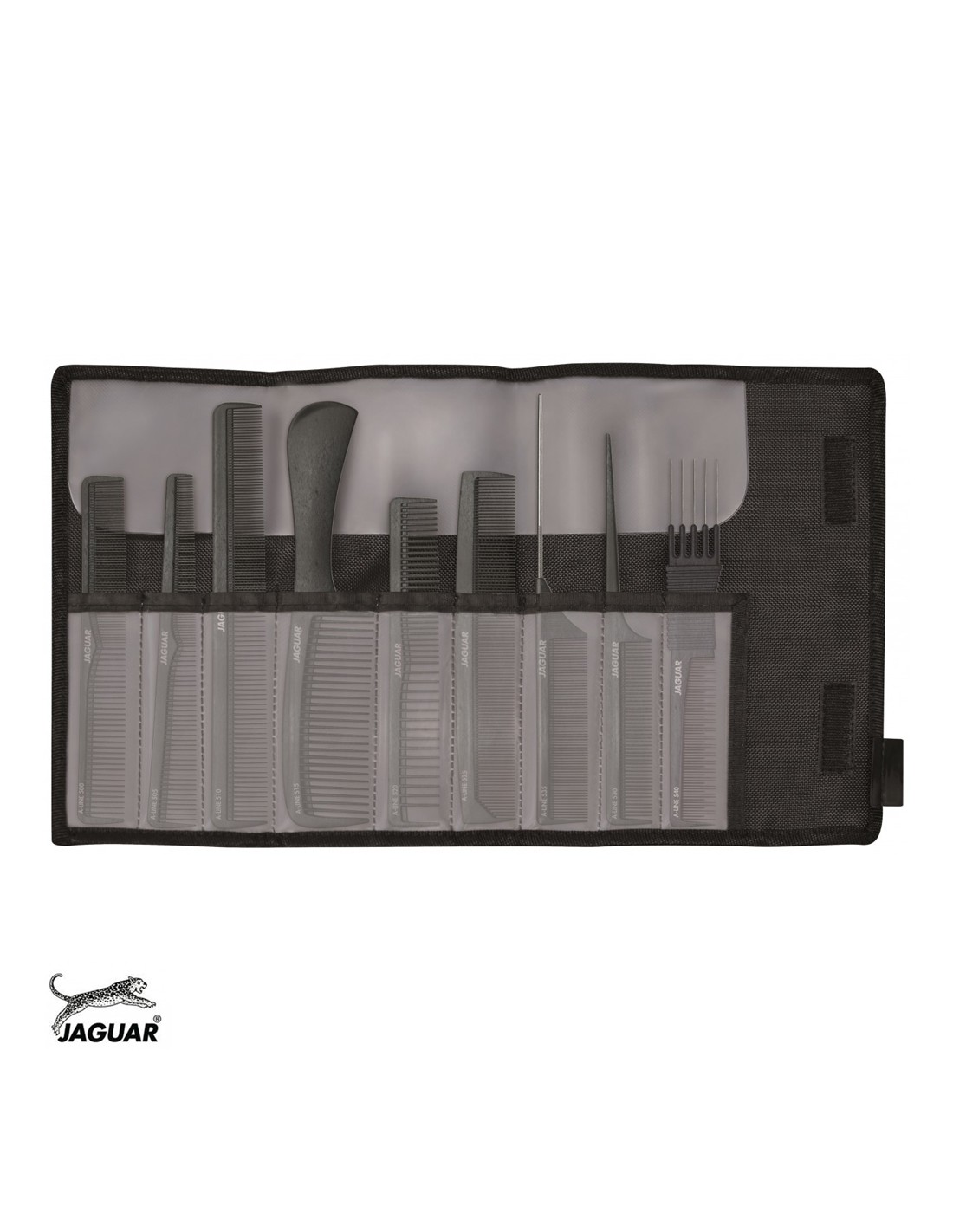Conjunto de pentes de cabelo em estojo preto com logótipo 'JAGUAR'