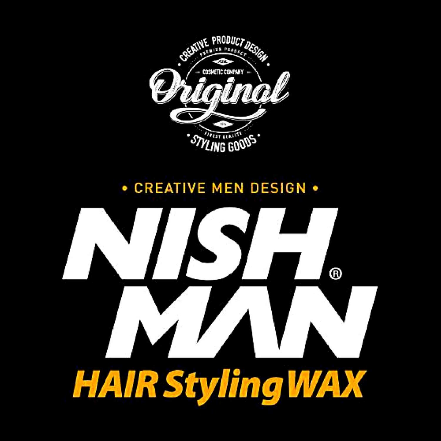 Texto NISH MAN HAIR Styling WAX em branco e amarelo sobre fundo preto