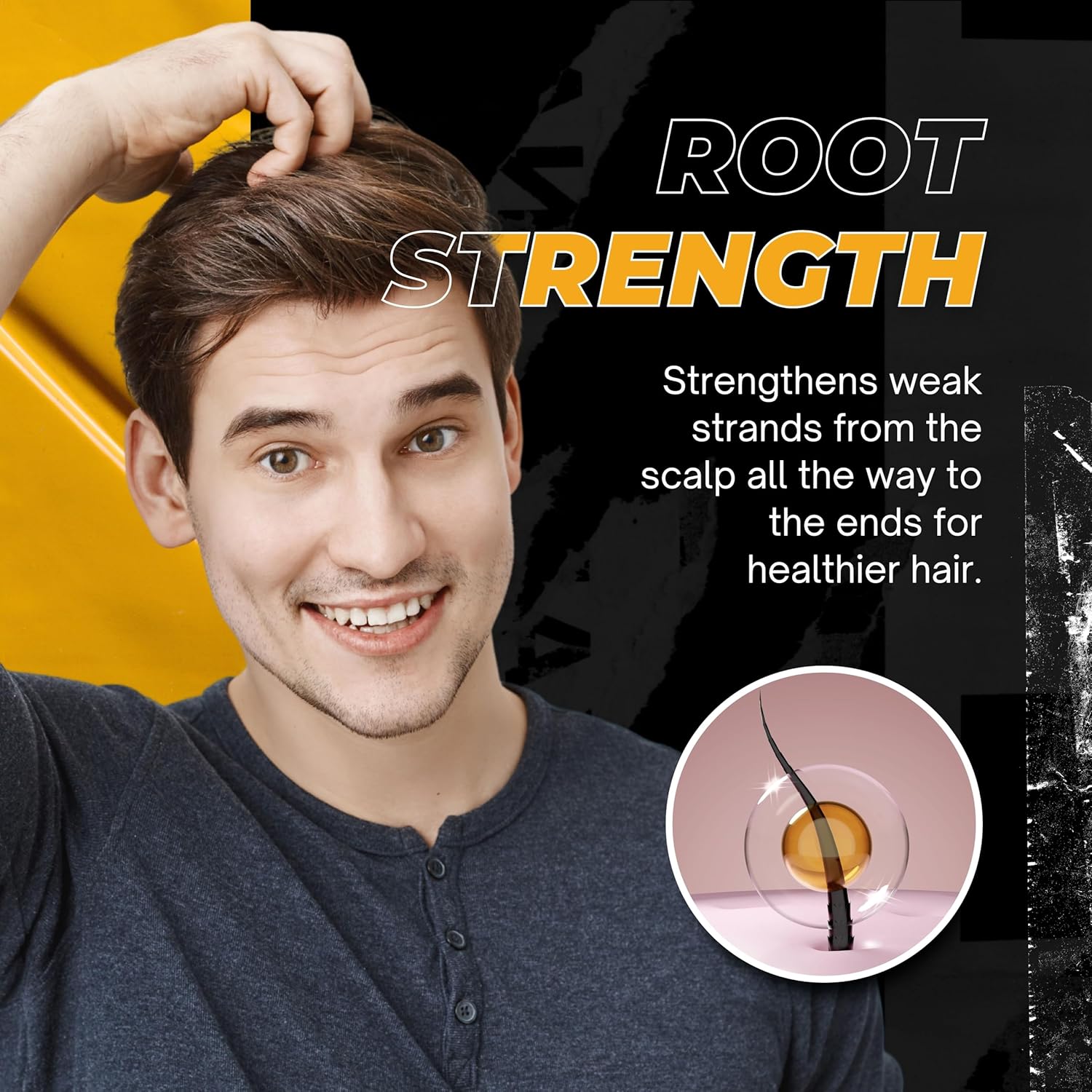 Homem a tocar no cabelo com texto sobre fortalecer raízes capilares e ilustração de fio de cabelo