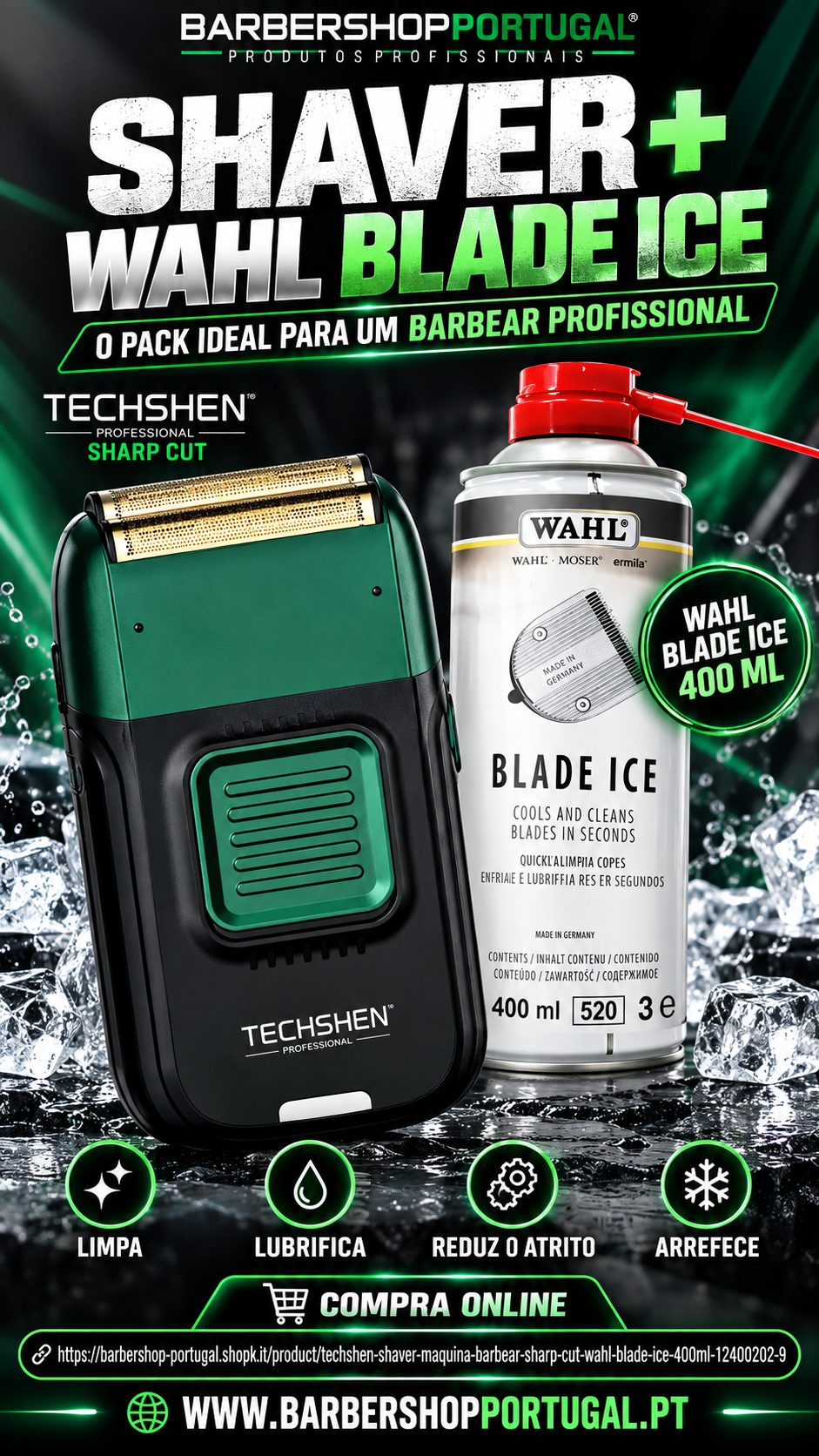 Conjunto de máquina de barbear TECHSHEN e spray WAHL BLADE ICE sobre gelo