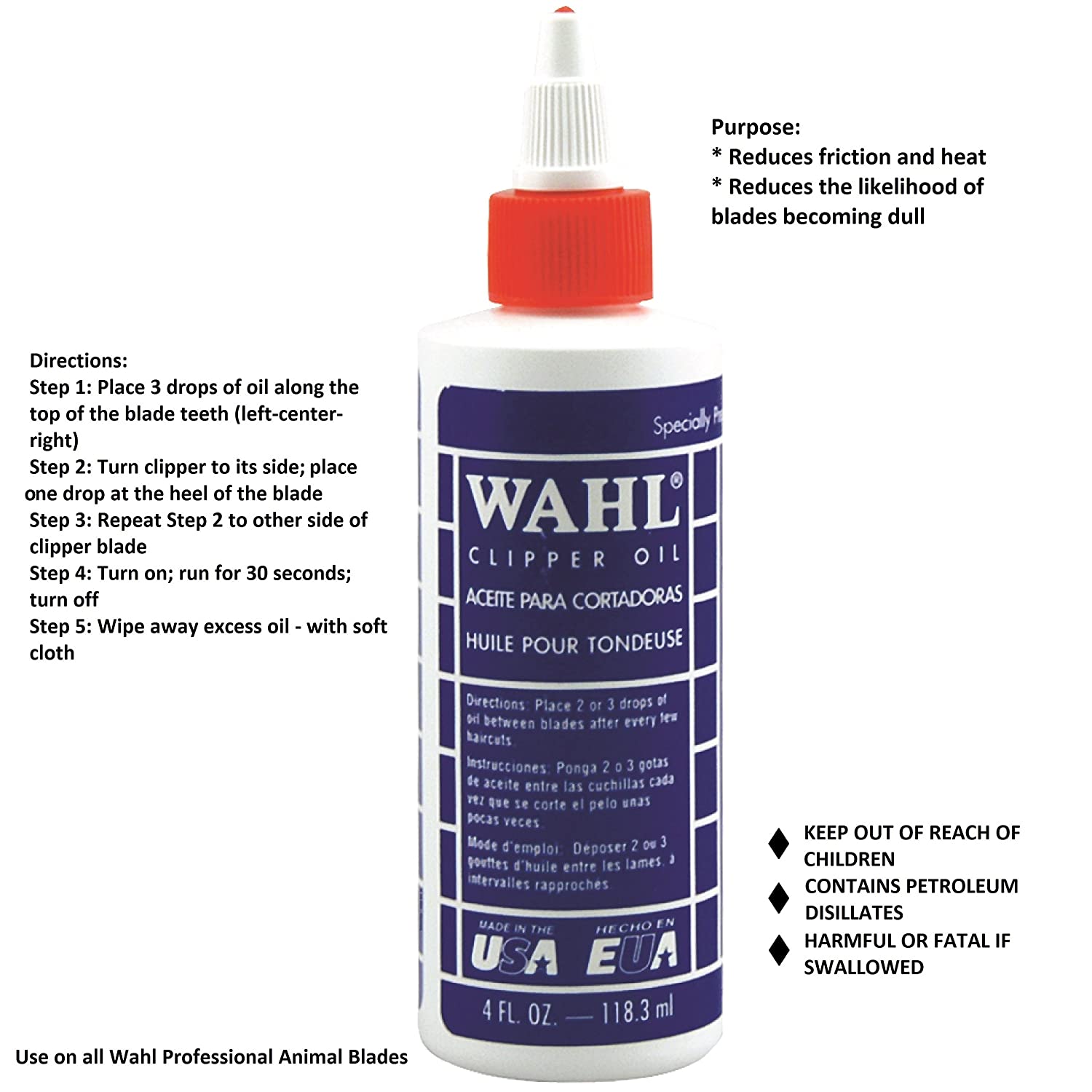 Frasco branco com tampa vermelha de óleo para cortadores WAHL com etiqueta roxa e texto instrucional