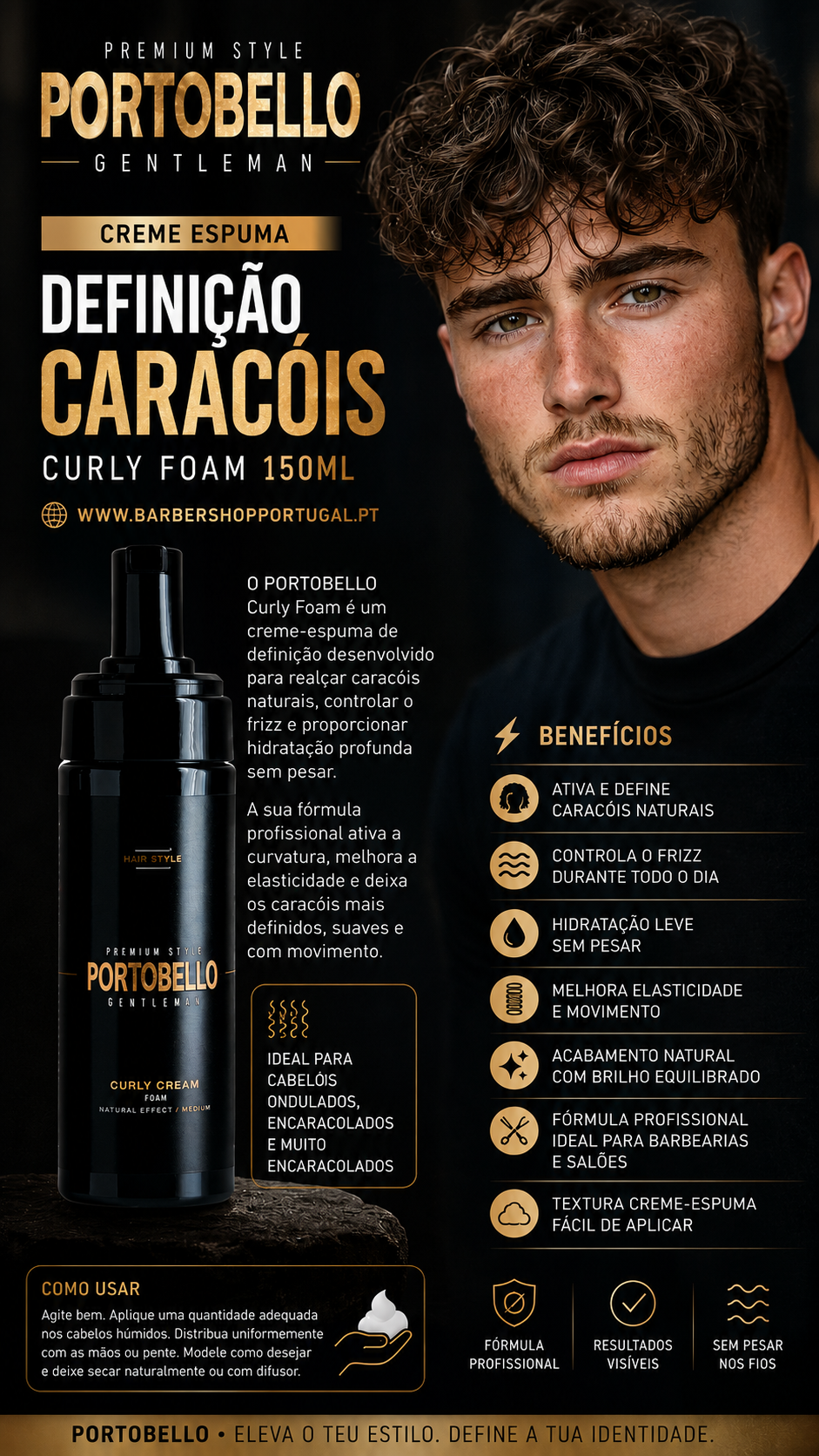 Produto creme-espuma definição caracóis PORTOBELLO com texto e modelo masculino cabelo encaracolado