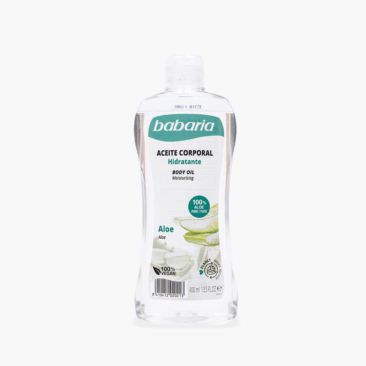 Frasco transparente de óleo corporal hidratante Babaria com rótulo verde e branco e aloe vera
