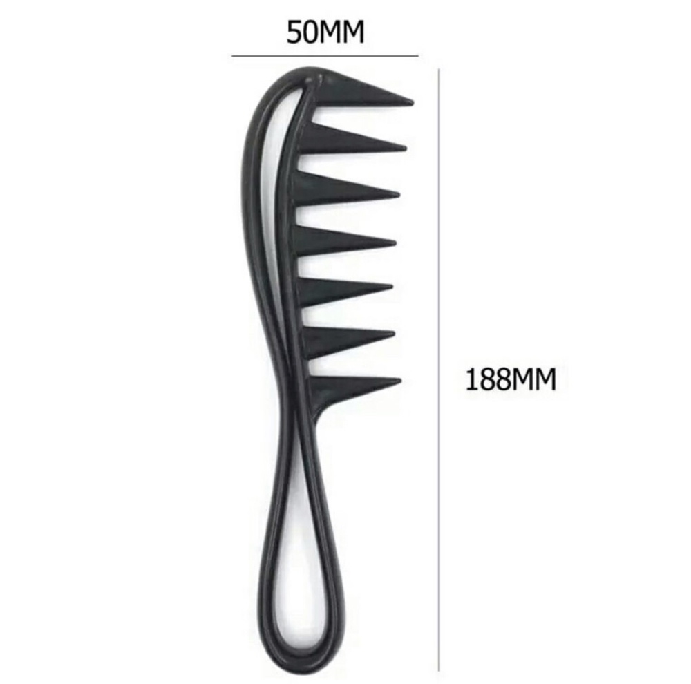Pente preto de plástico com dentes largos e espaçados, medidas indicadas.