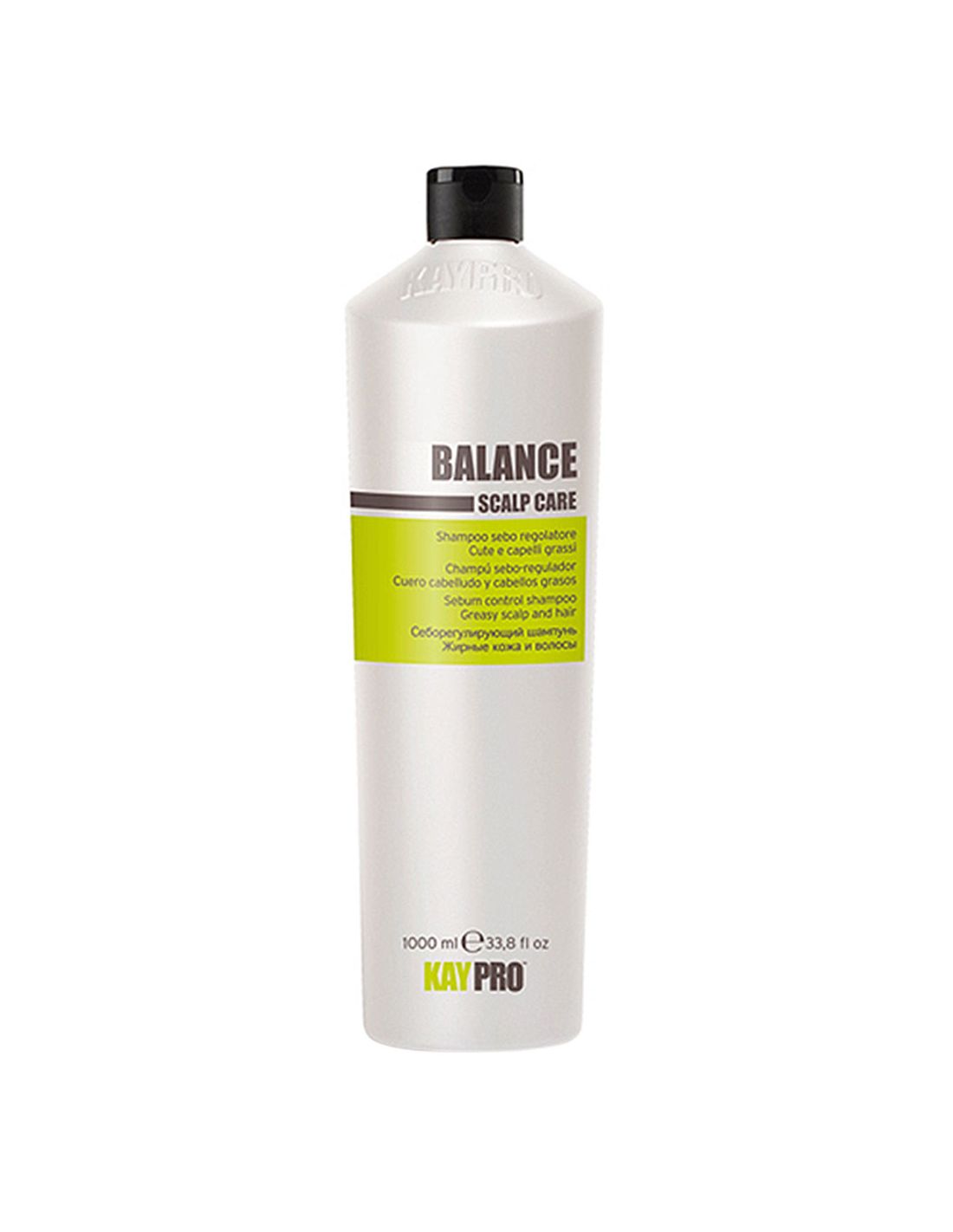 Frasco branco de shampoo KayPro Balance Scalp Care com rótulo verde e tampa preta