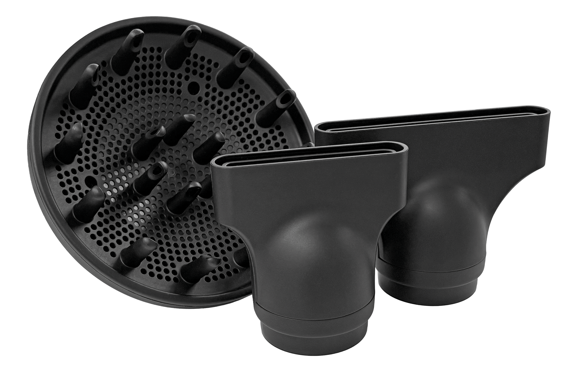 Acessórios pretos para secador de cabelo, dois bicos e um difusor circular com dentes curtos e orifícios.