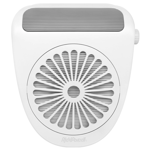 Aparelho branco com grelha circular frontal e parte superior cinzenta