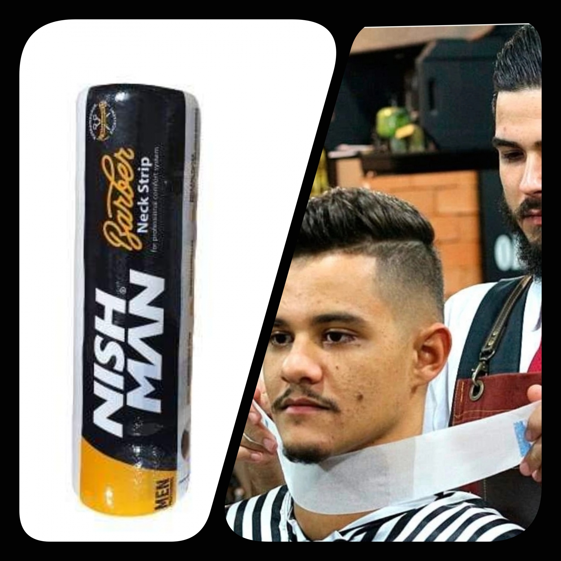 Frasco NISH MAN PROTECT Neck Strip e barbeiro a aplicar faixa branca no pescoço de cliente num salão.