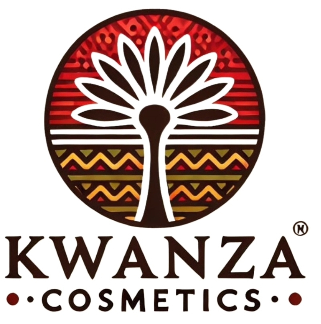 Logotipo redondo KWANZA COSMETICS com árvore estilizada e fundo colorido