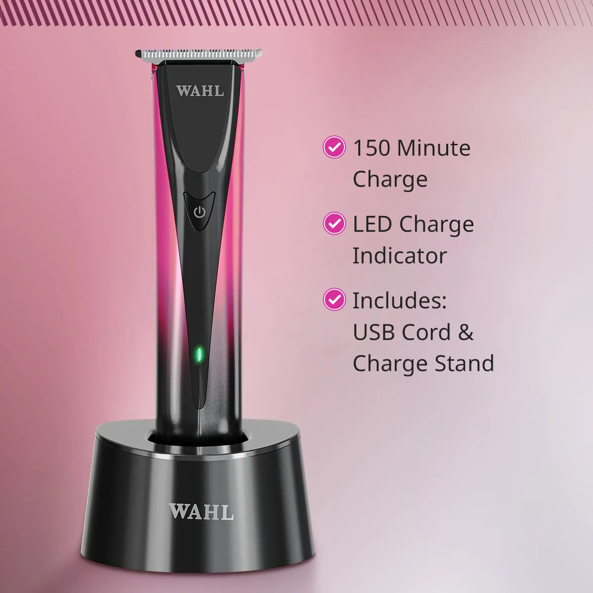 Aparelho de barbear elétrico preto com base de carregamento e texto informativo em fundo rosa