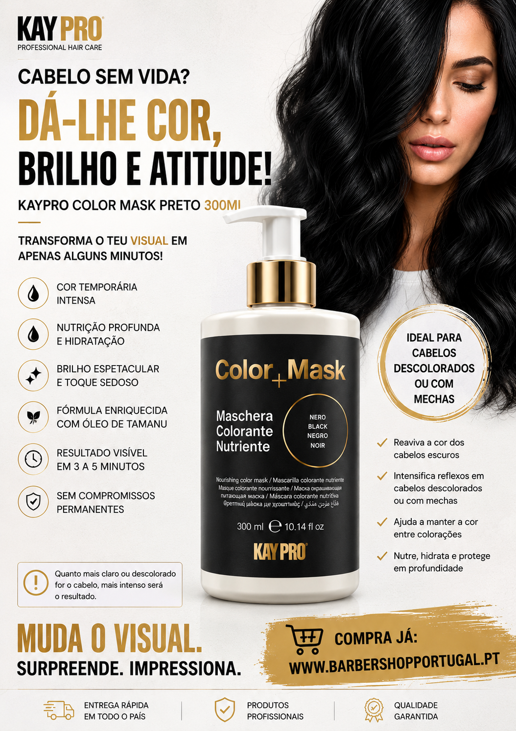 Produto KayPro Color Mask Preto 300ml para cabelo com embalagem branca e ouro, texto publicitário e mulher com cabelo preto