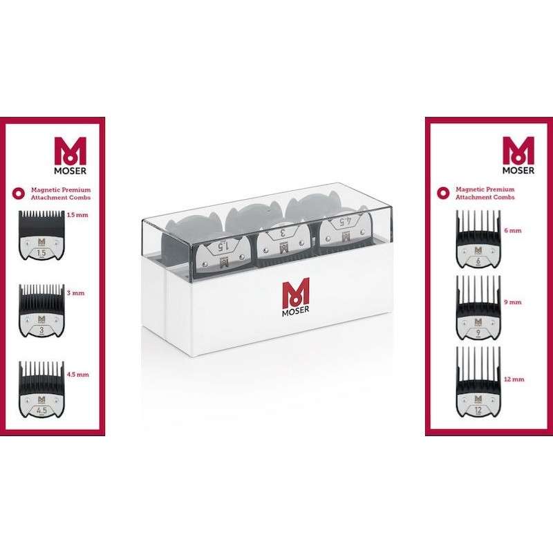 Conjunto de pentes para máquina de cortar cabelo Moser em caixa branca com 6 pentes pretos.