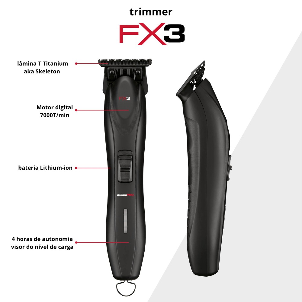 Máquina de barbear FX3 preta com especificações técnicas em fundo branco