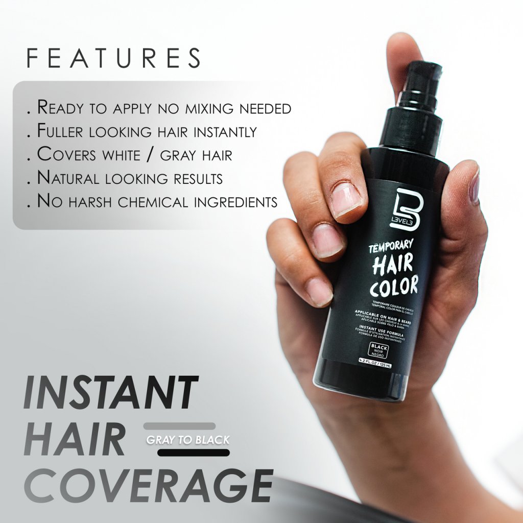 Frasco preto de tinta temporária para cabelo com texto em inglês e mão segurando
