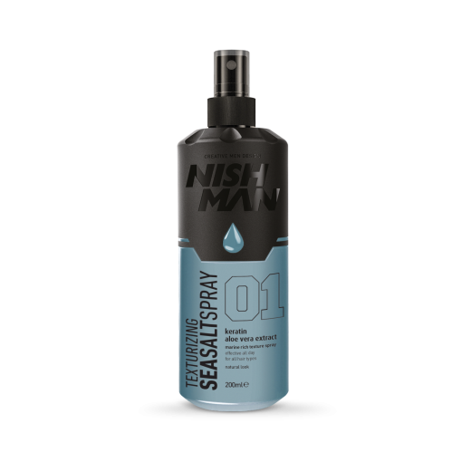 Frasco preto e azul de spray modelador de cabelo NISH MAN