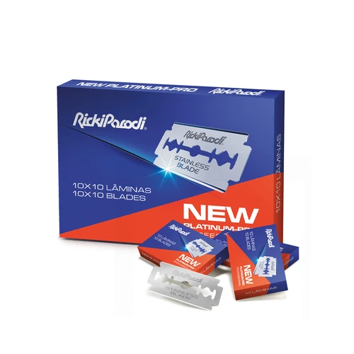 Caixa de lâminas de barbear RickiParodi azul e vermelha com lâminas e embalagens individuais
