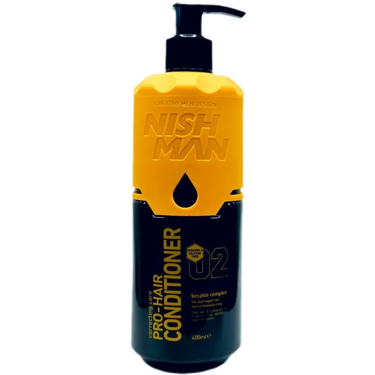 Frasco de condicionador NISH MAN preto e amarelo com tampa de bomba