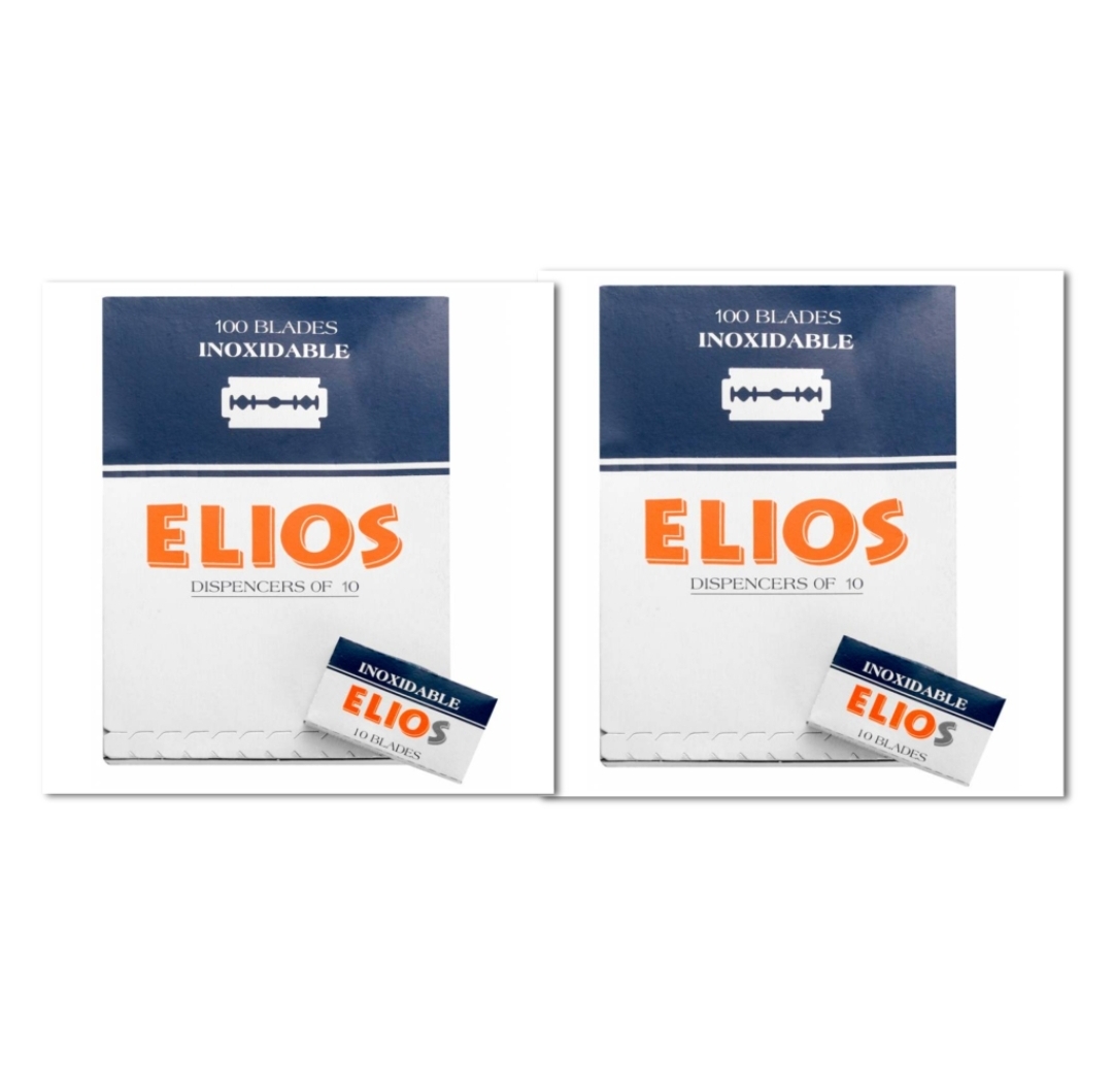 Caixas brancas e azul escuro com lâminas de barbear ELIOS