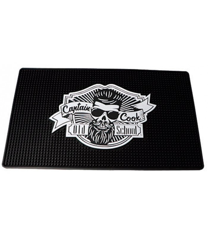 Tapete preto com logótipo de crânio estilizado e texto Captain Cook