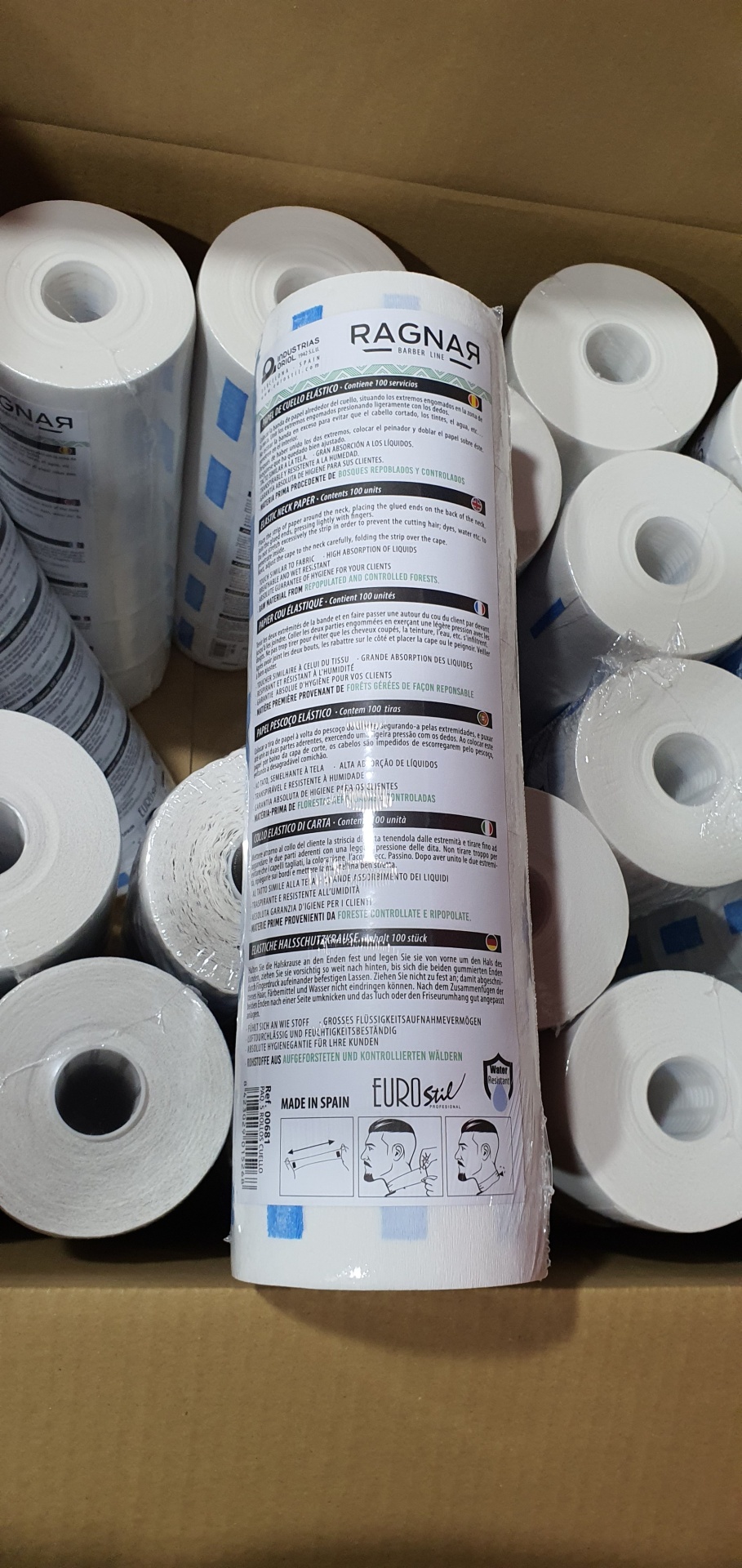 Pacote de papel térmico branco RAGNAR dentro de caixa com vários rolos idênticos