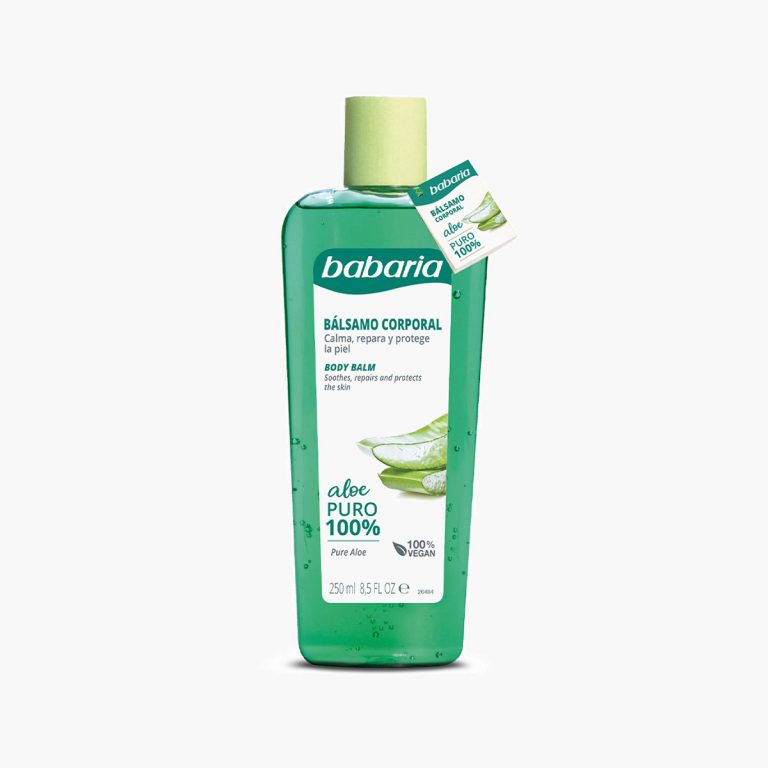 Bálsamo corporal Babaria aloe puro 100% embalagem verde translúcida com tampa amarela
