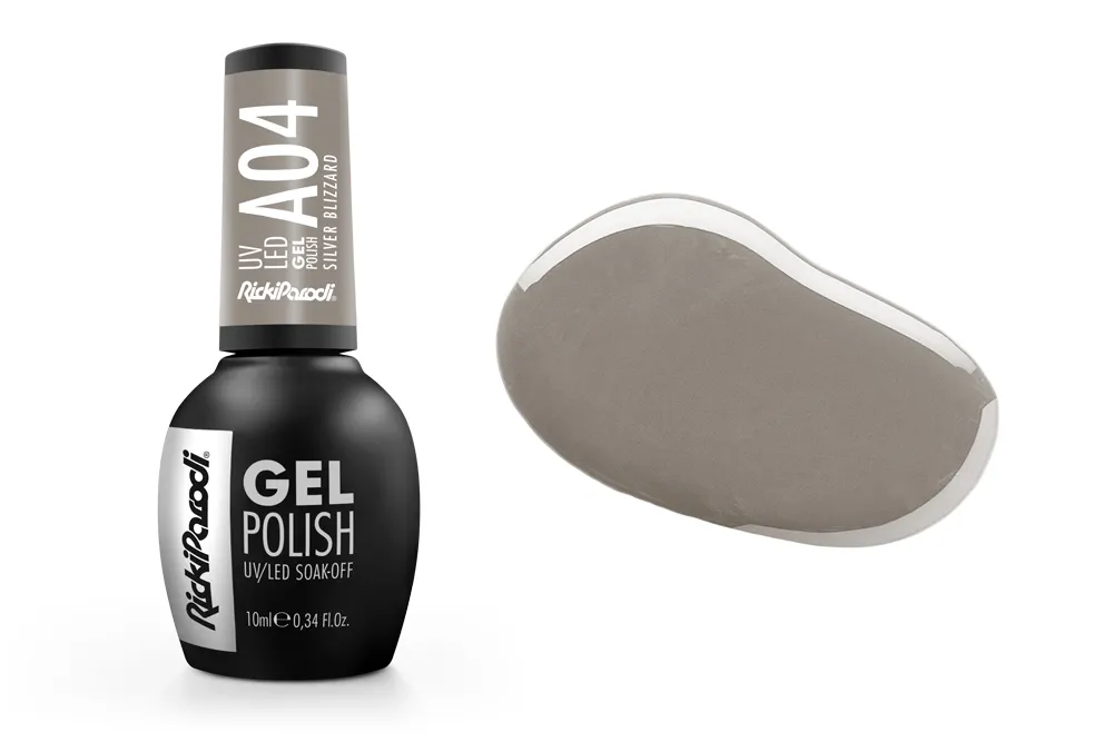Verniz gel UV/LED RickiParodi A04 Silver Blizzard com amostra da cor prateada