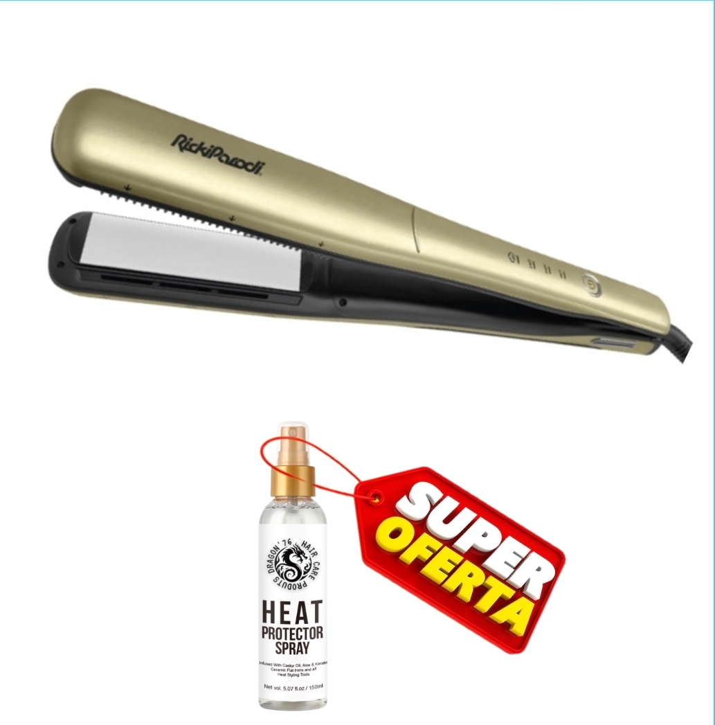 Prancha alisadora dourada RickiParodi com spray protector de calor e etiqueta de oferta